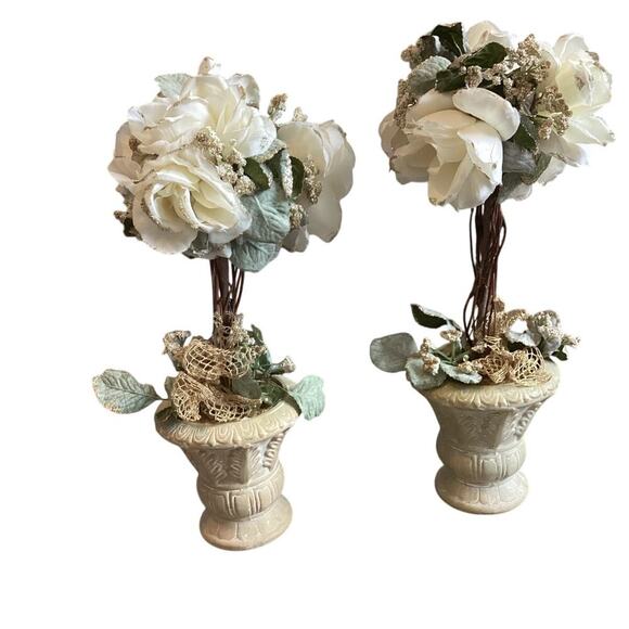 Floral Topiary Set White Christmas Decor White Flower Traditional French Country - Picture 1 of 5
